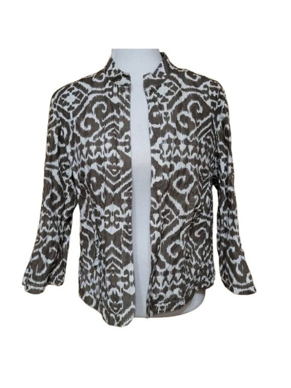 Chico's Women's Size 2 Ikat Print Cropped Open Front Blazer Green White